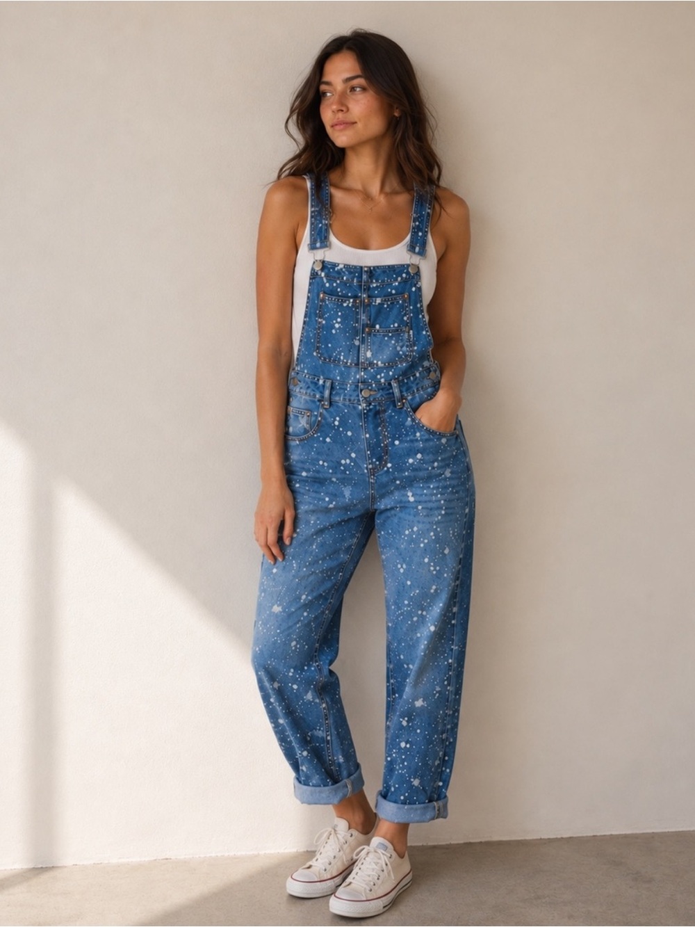 Free People Ziggy Blue Paint-Splatter Denim Overalls